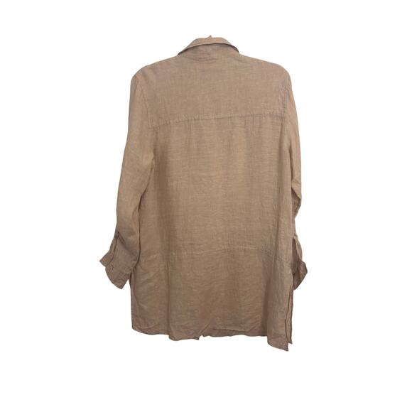 TAHARI 100% Linen Tunic Top Blouse Medium Neutral Sustainable Tab Sleeve Capsule - Picture 2 of 5